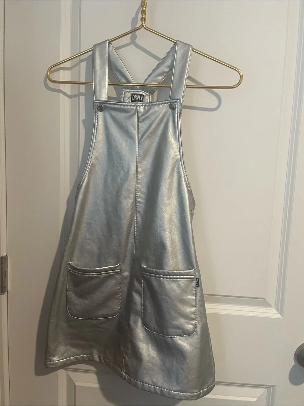 DKNY Girls' 10 Metallic Silver Faux-Leather Pinafore Dress 2 Front Pockets